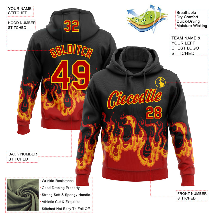 Custom Stitched Black Red-Yellow 3D Pattern Design Flame Sports Pullover Sweatshirt Hoodie