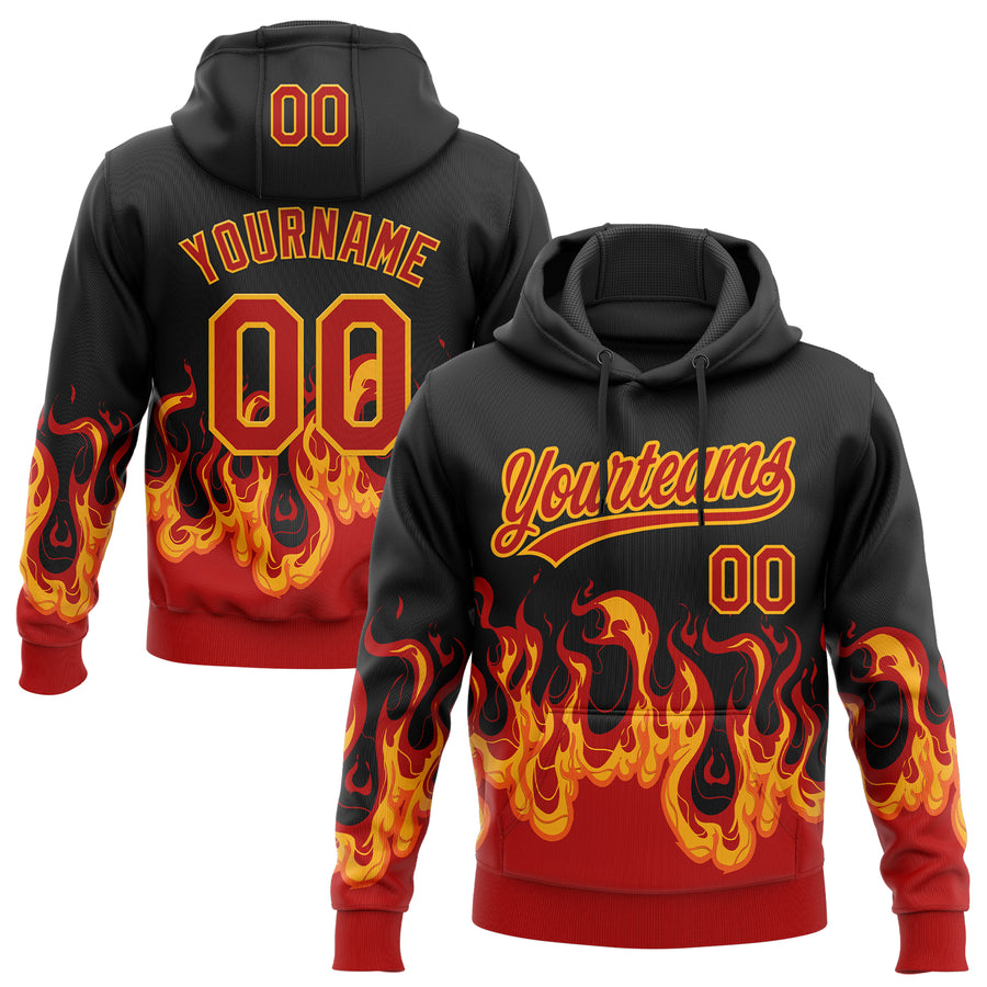 Custom Stitched Black Red-Yellow 3D Pattern Design Flame Sports Pullover Sweatshirt Hoodie