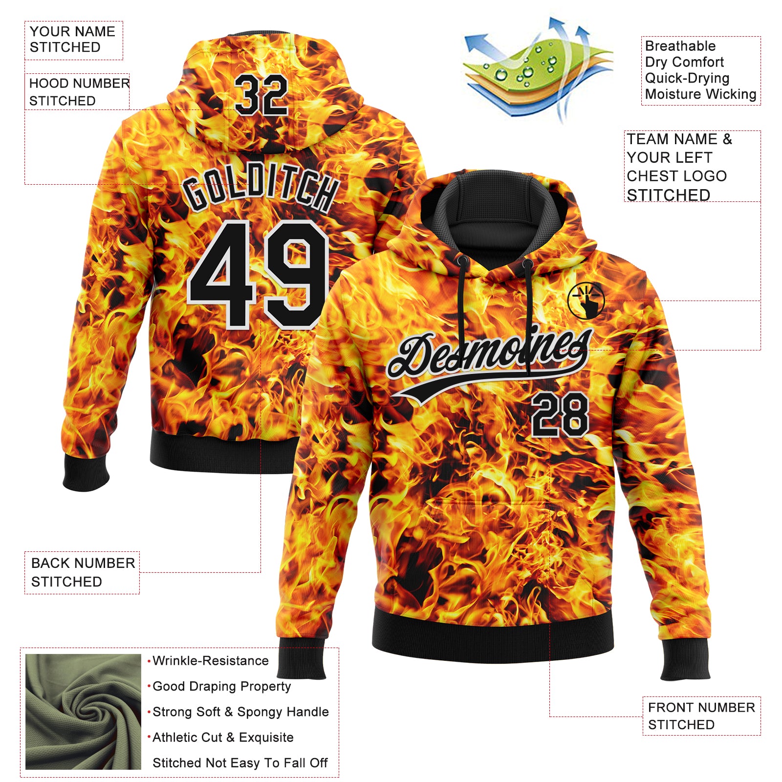 Custom Stitched Black Yellow-White 3D Pattern Design Flame Sports Pullover Sweatshirt Hoodie