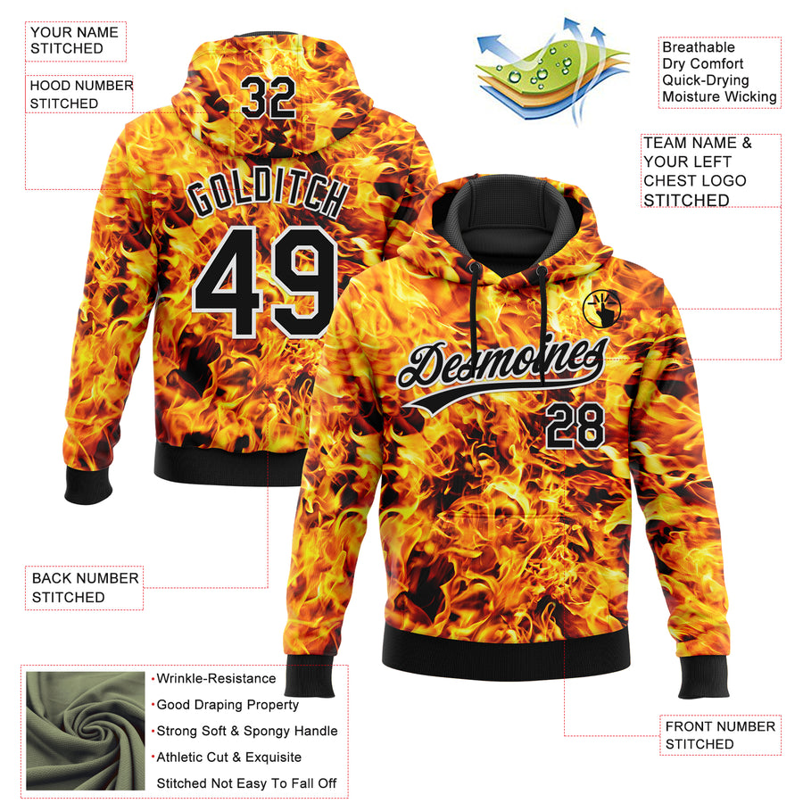 Custom Stitched Black Yellow-White 3D Pattern Design Flame Sports Pullover Sweatshirt Hoodie