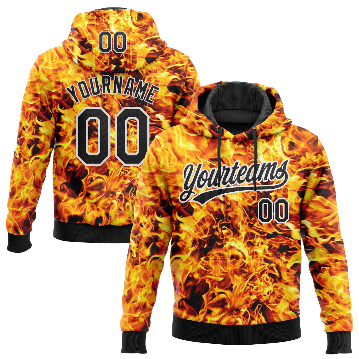 Custom Stitched Black Yellow-White 3D Pattern Design Flame Sports Pullover Sweatshirt Hoodie