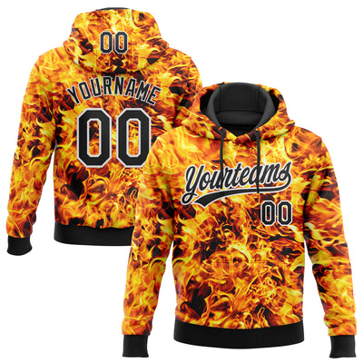 Custom Stitched Black Yellow-White 3D Pattern Design Flame Sports Pullover Sweatshirt Hoodie