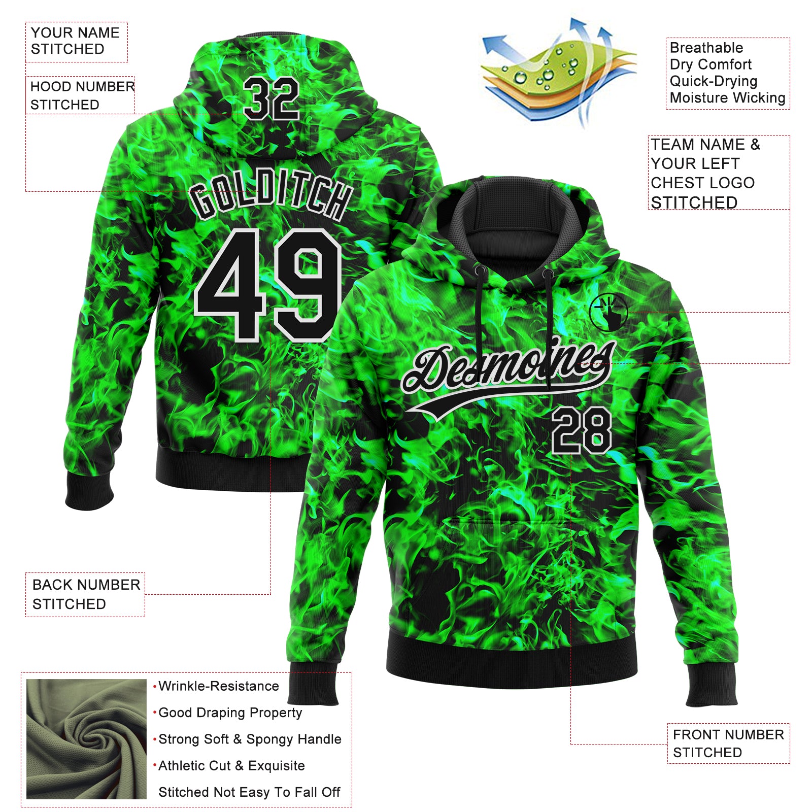 Custom Stitched Black Green-White 3D Pattern Design Flame Sports Pullover Sweatshirt Hoodie