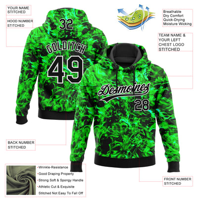 Custom Stitched Black Green-White 3D Pattern Design Flame Sports Pullover Sweatshirt Hoodie