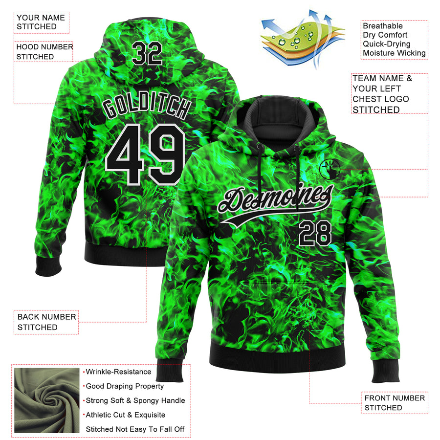 Custom Stitched Black Green-White 3D Pattern Design Flame Sports Pullover Sweatshirt Hoodie