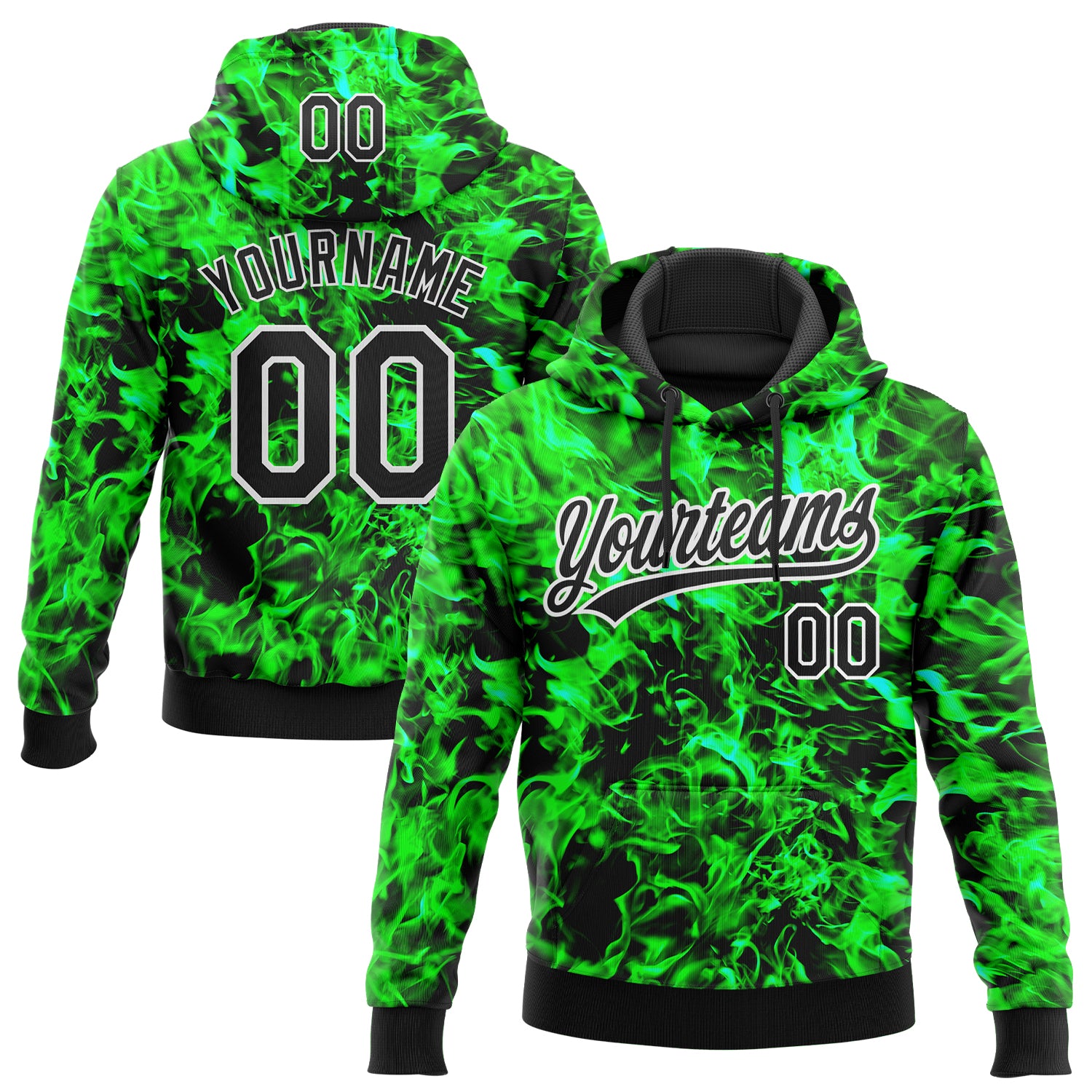 Custom Stitched Black Green-White 3D Pattern Design Flame Sports Pullover Sweatshirt Hoodie