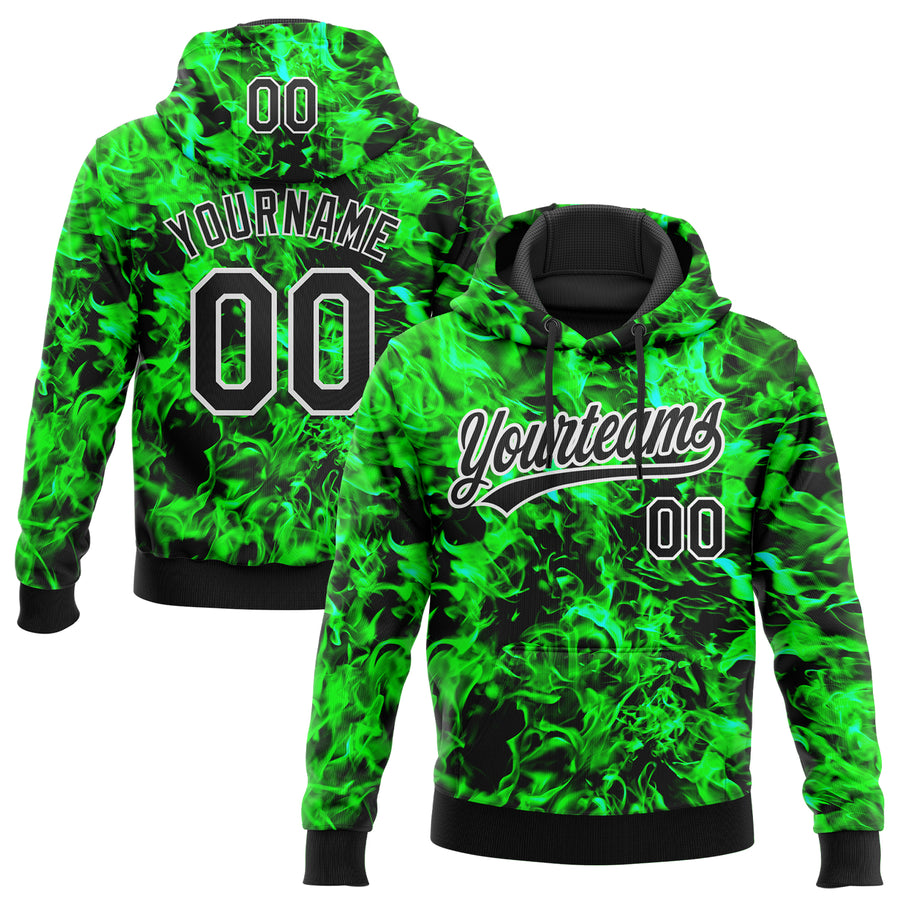 Custom Stitched Black Green-White 3D Pattern Design Flame Sports Pullover Sweatshirt Hoodie