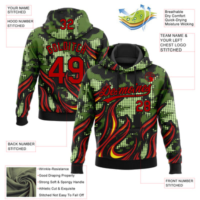 Custom Stitched Black Red Green-Yellow 3D Pattern Design Flame Sports Pullover Sweatshirt Hoodie