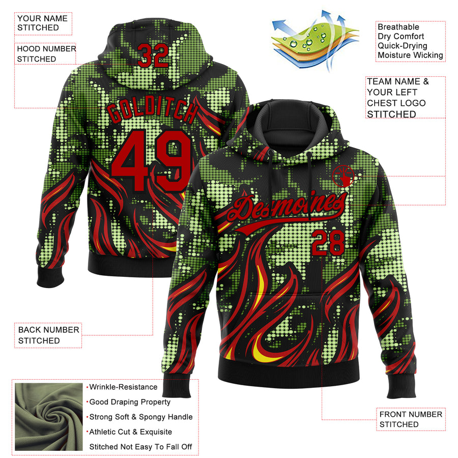 Custom Stitched Black Red Green-Yellow 3D Pattern Design Flame Sports Pullover Sweatshirt Hoodie