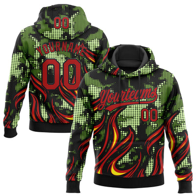 Custom Stitched Black Red Green-Yellow 3D Pattern Design Flame Sports Pullover Sweatshirt Hoodie