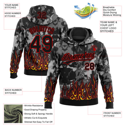 Custom Stitched Black Yellow Red-White 3D Pattern Design Flame Sports Pullover Sweatshirt Hoodie
