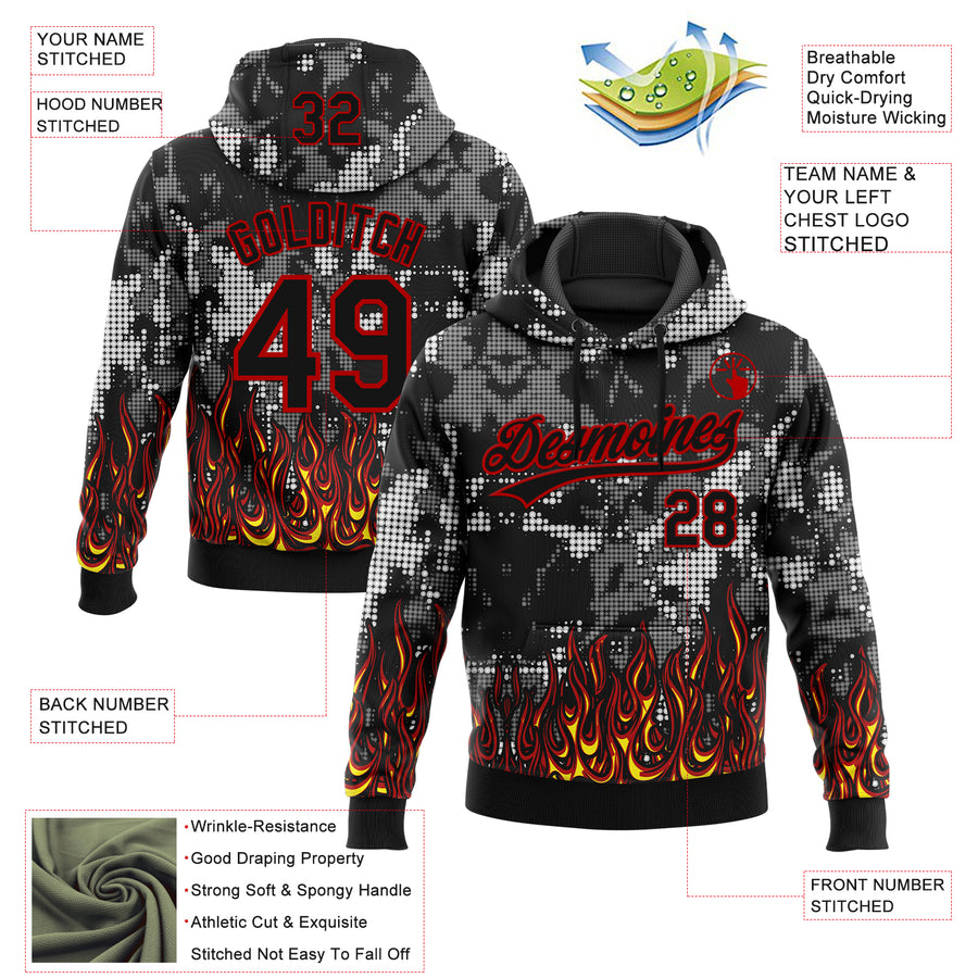 Custom Stitched Black Yellow Red-White 3D Pattern Design Flame Sports Pullover Sweatshirt Hoodie
