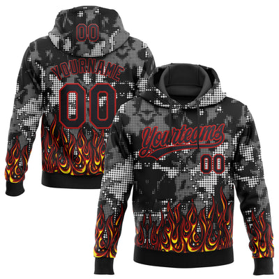 Custom Stitched Black Yellow Red-White 3D Pattern Design Flame Sports Pullover Sweatshirt Hoodie