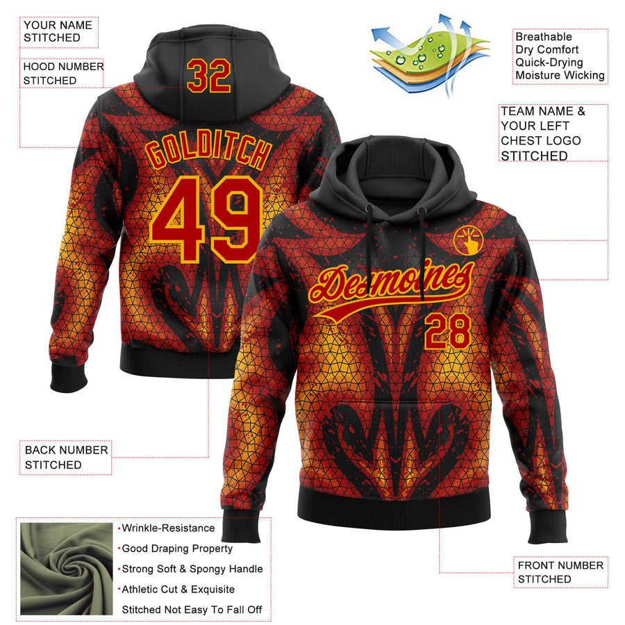 Custom Stitched Black Red-Yellow 3D Pattern Design Flame Sports Pullover Sweatshirt Hoodie