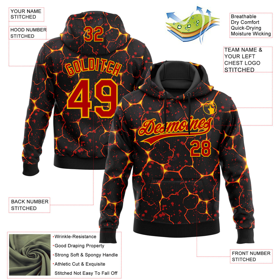 Custom Stitched Black Red-Yellow 3D Pattern Design Flame Sports Pullover Sweatshirt Hoodie