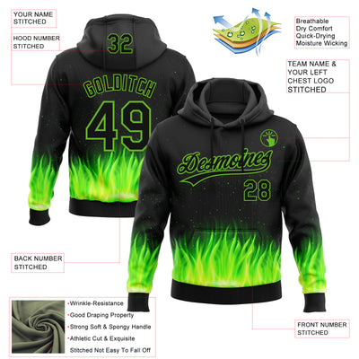 Custom Stitched Black Neon Green 3D Pattern Design Flame Sports Pullover Sweatshirt Hoodie