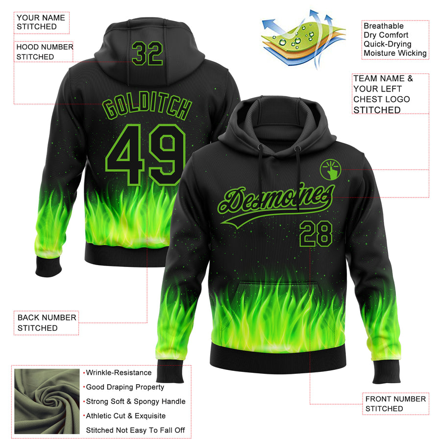 Custom Stitched Black Neon Green 3D Pattern Design Flame Sports Pullover Sweatshirt Hoodie
