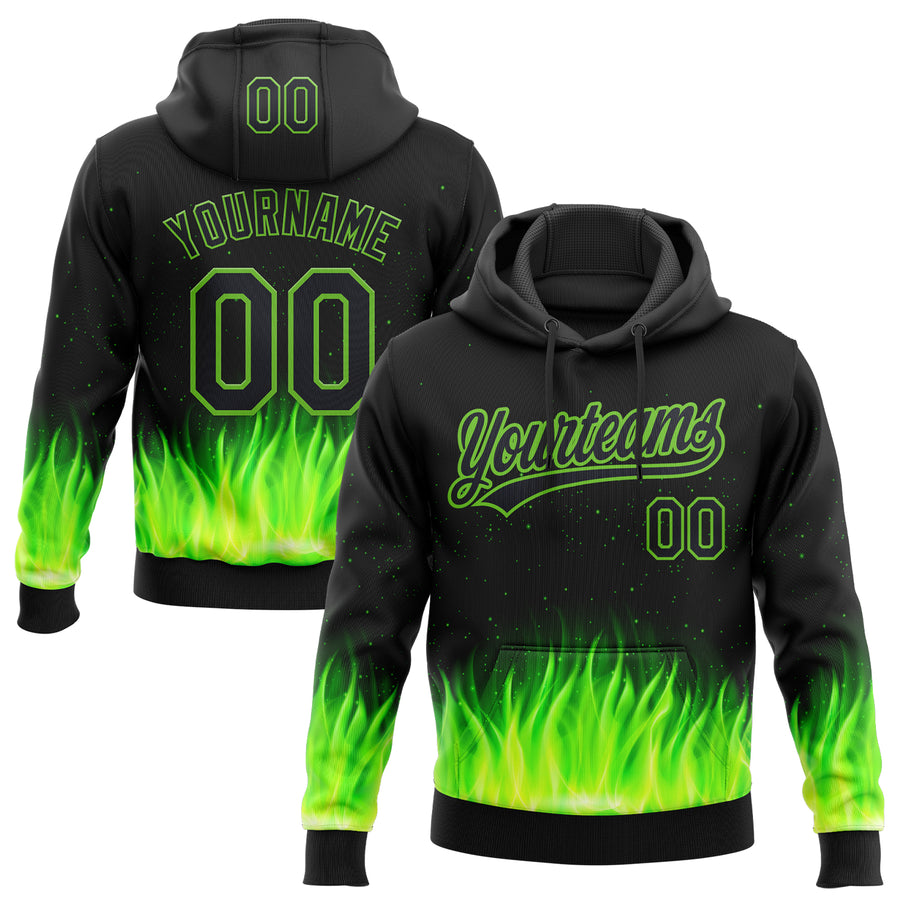 Custom Stitched Black Neon Green 3D Pattern Design Flame Sports Pullover Sweatshirt Hoodie