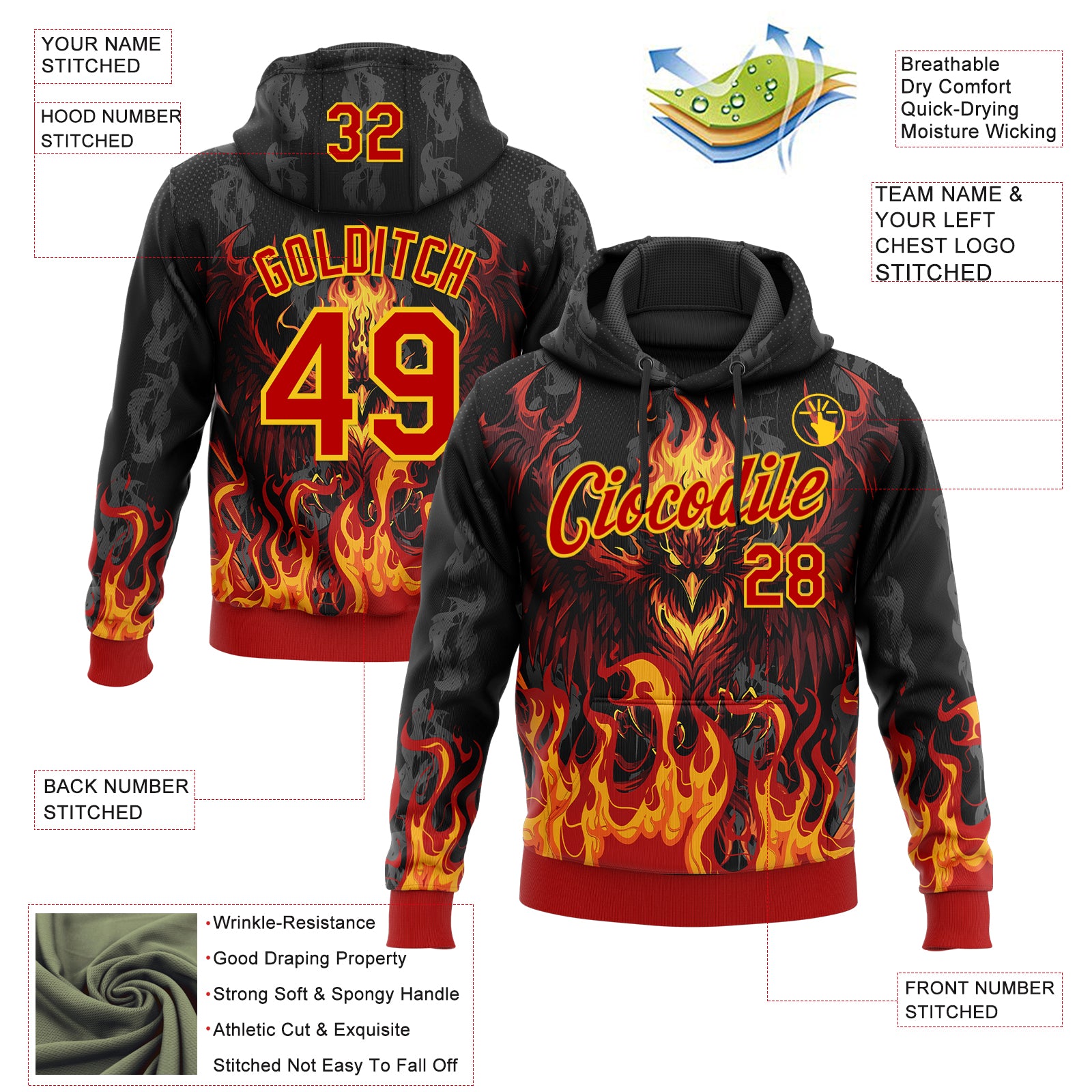 Custom Stitched Black Red-Yellow 3D Pattern Design Flame Phoenix Sports Pullover Sweatshirt Hoodie
