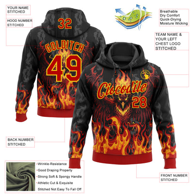 Custom Stitched Black Red-Yellow 3D Pattern Design Flame Phoenix Sports Pullover Sweatshirt Hoodie