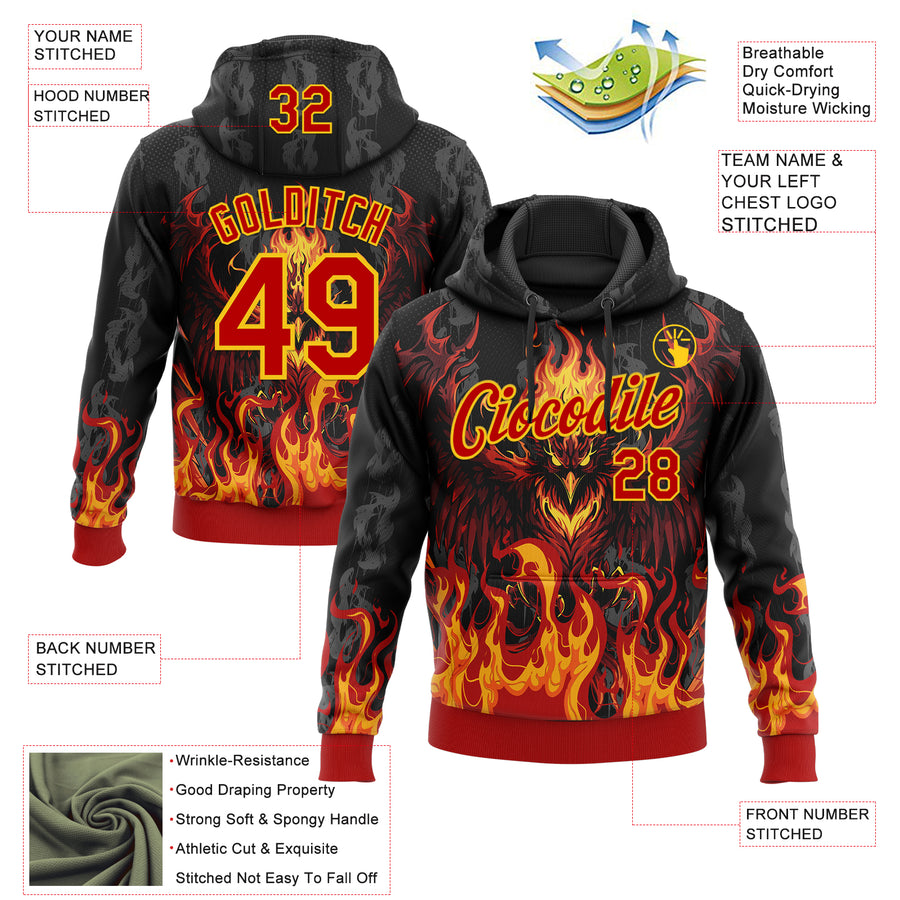 Custom Stitched Black Red-Yellow 3D Pattern Design Flame Phoenix Sports Pullover Sweatshirt Hoodie
