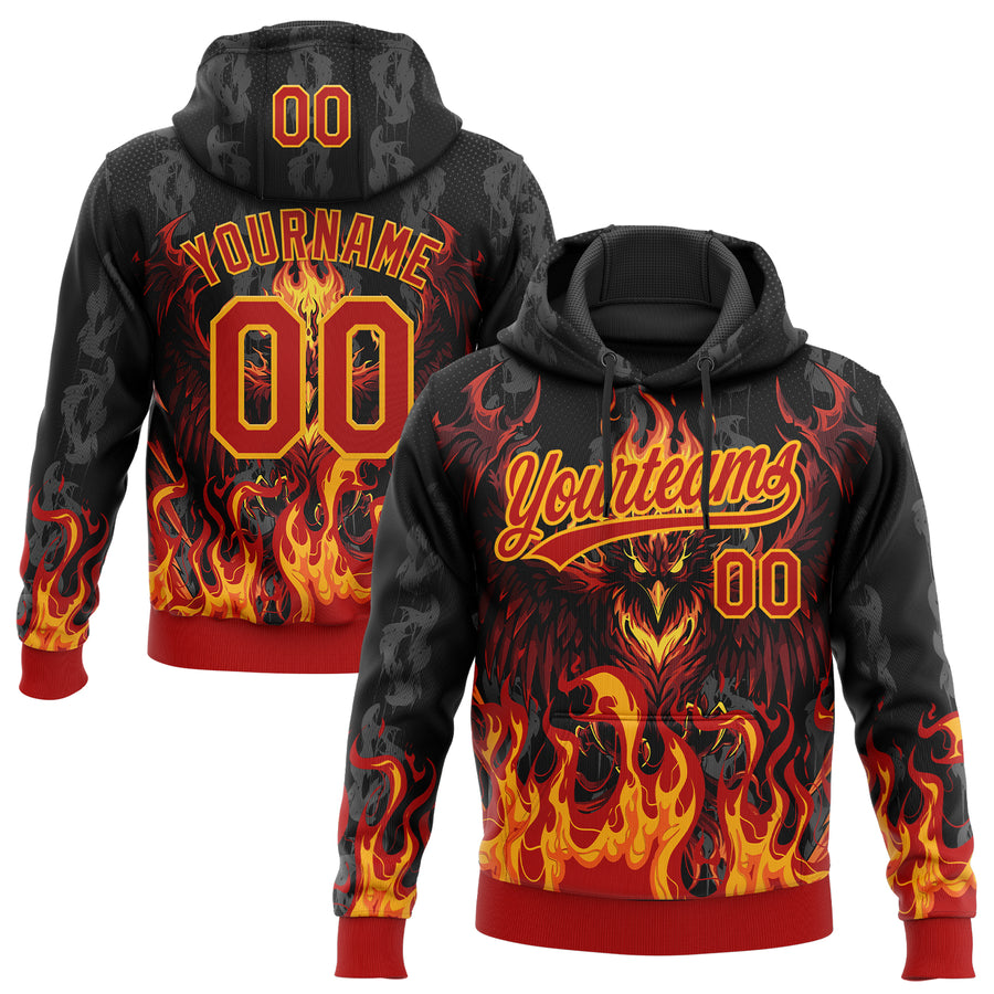 Custom Stitched Black Red-Yellow 3D Pattern Design Flame Phoenix Sports Pullover Sweatshirt Hoodie