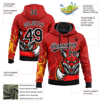 Custom Stitched Red Black Yellow-White 3D Pattern Design Flame Fox Sports Pullover Sweatshirt Hoodie
