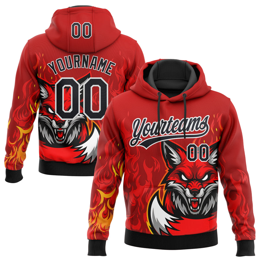 Custom Stitched Red Black Yellow-White 3D Pattern Design Flame Fox Sports Pullover Sweatshirt Hoodie