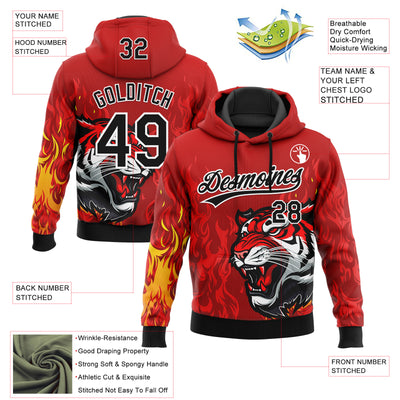 Custom Stitched Red Black Yellow-White 3D Pattern Design Flame Tiger Sports Pullover Sweatshirt Hoodie