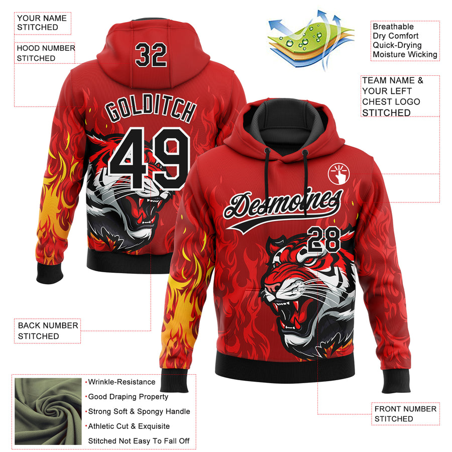 Custom Stitched Red Black Yellow-White 3D Pattern Design Flame Tiger Sports Pullover Sweatshirt Hoodie