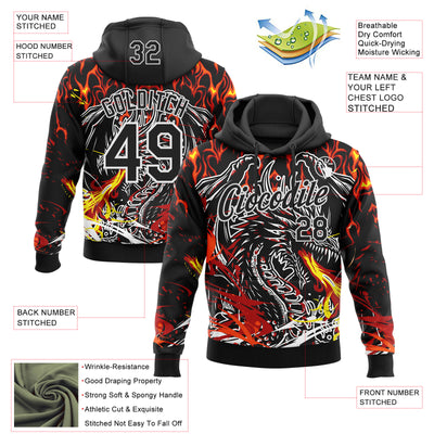 Custom Stitched Black Red Yellow-White 3D Pattern Design Flame Dragon Sports Pullover Sweatshirt Hoodie
