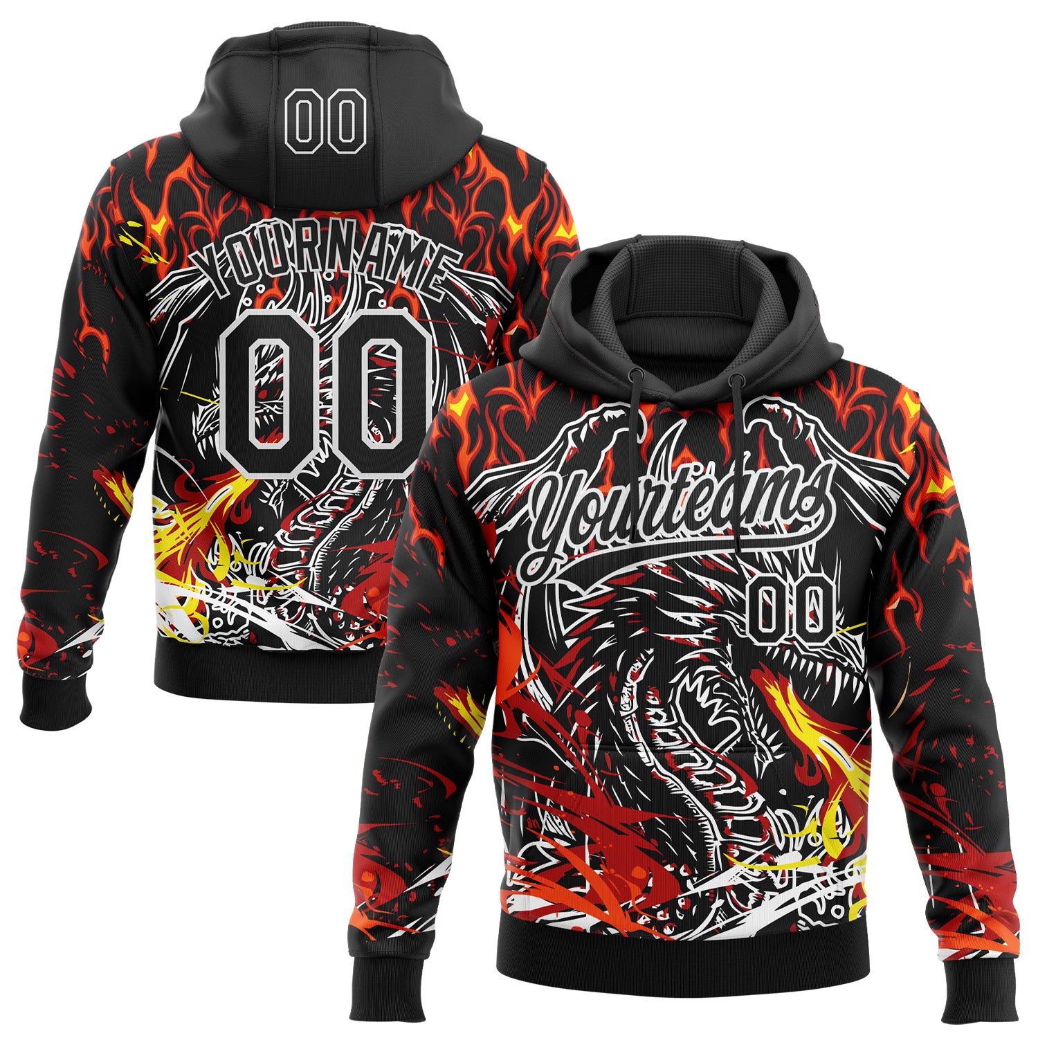 Custom Stitched Black Red Yellow-White 3D Pattern Design Flame Dragon Sports Pullover Sweatshirt Hoodie