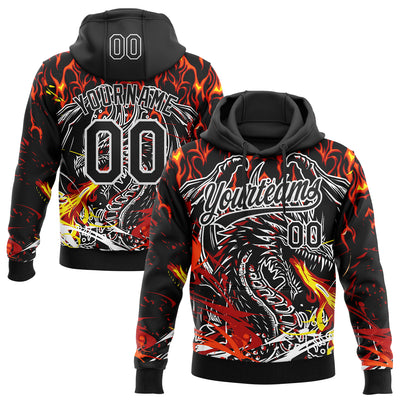 Custom Stitched Black Red Yellow-White 3D Pattern Design Flame Dragon Sports Pullover Sweatshirt Hoodie