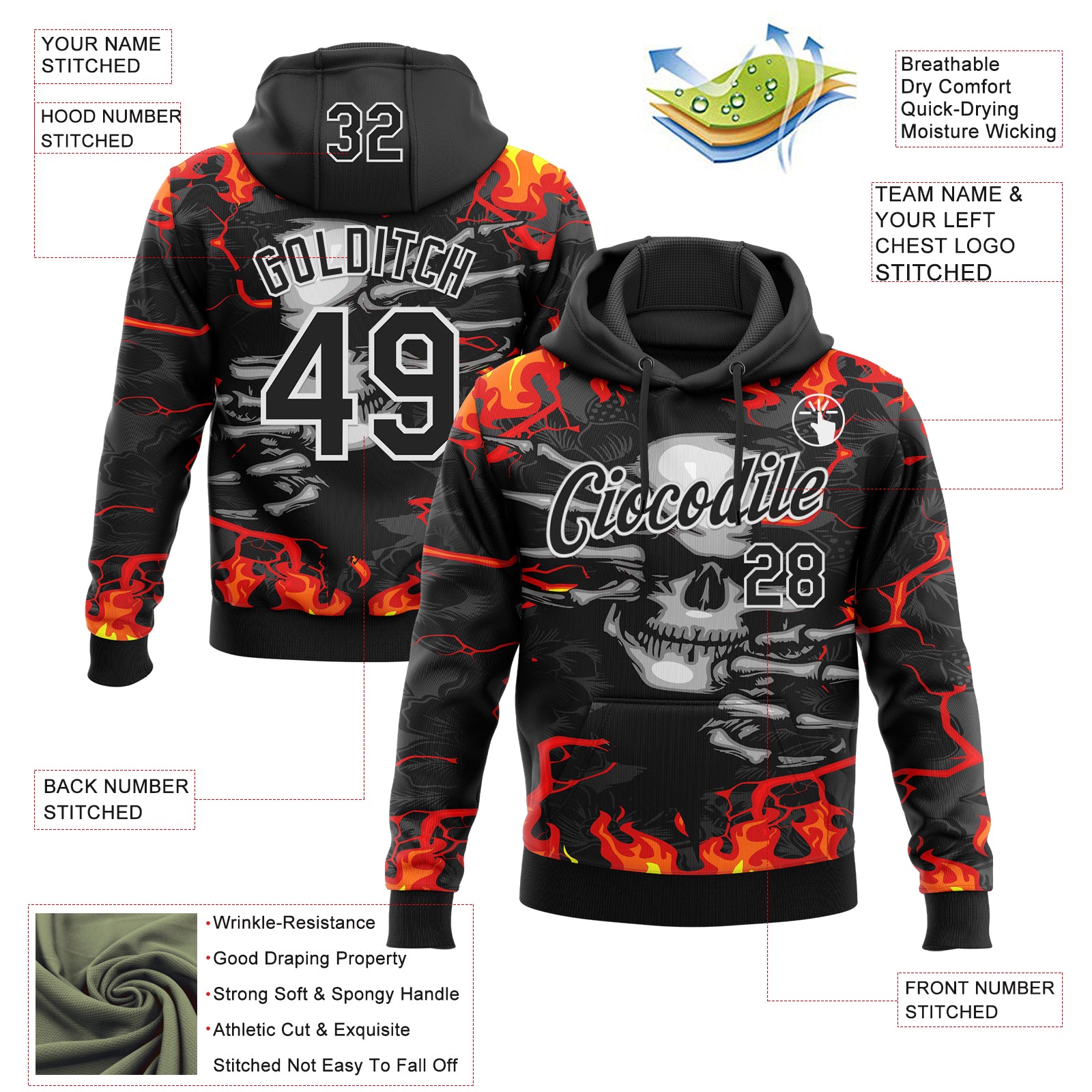 Custom Stitched Black Red Yellow-White 3D Pattern Design Flame Skull Sports Pullover Sweatshirt Hoodie