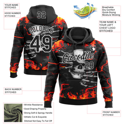 Custom Stitched Black Red Yellow-White 3D Pattern Design Flame Skull Sports Pullover Sweatshirt Hoodie
