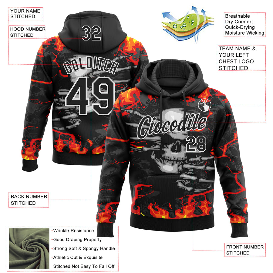 Custom Stitched Black Red Yellow-White 3D Pattern Design Flame Skull Sports Pullover Sweatshirt Hoodie