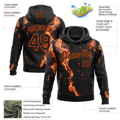 Custom Stitched Black Orange 3D Pattern Design Flame Sports Pullover Sweatshirt Hoodie