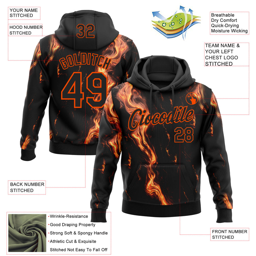 Custom Stitched Black Orange 3D Pattern Design Flame Sports Pullover Sweatshirt Hoodie