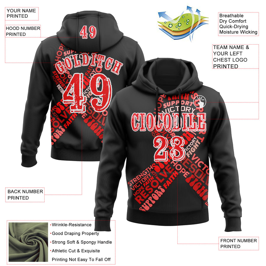 Custom Black Fire Red-White 3D Blood Cancer World Cancer Day Ribbon Support Sports Pullover Sweatshirt Hoodie