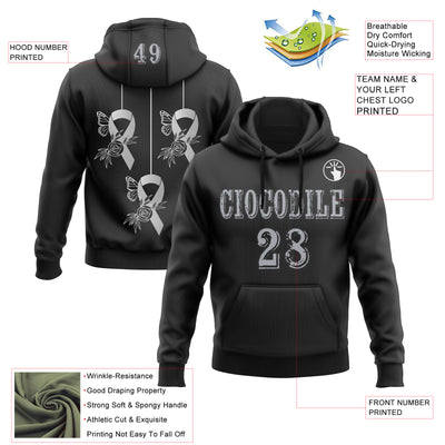 Custom Black Gray 3D Brain Cancer World Cancer Day Ribbon Support Sports Pullover Sweatshirt Hoodie