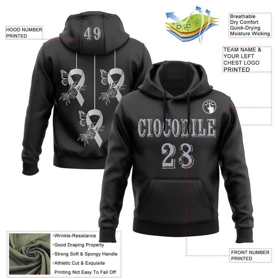 Custom Black Gray 3D Brain Cancer World Cancer Day Ribbon Support Sports Pullover Sweatshirt Hoodie