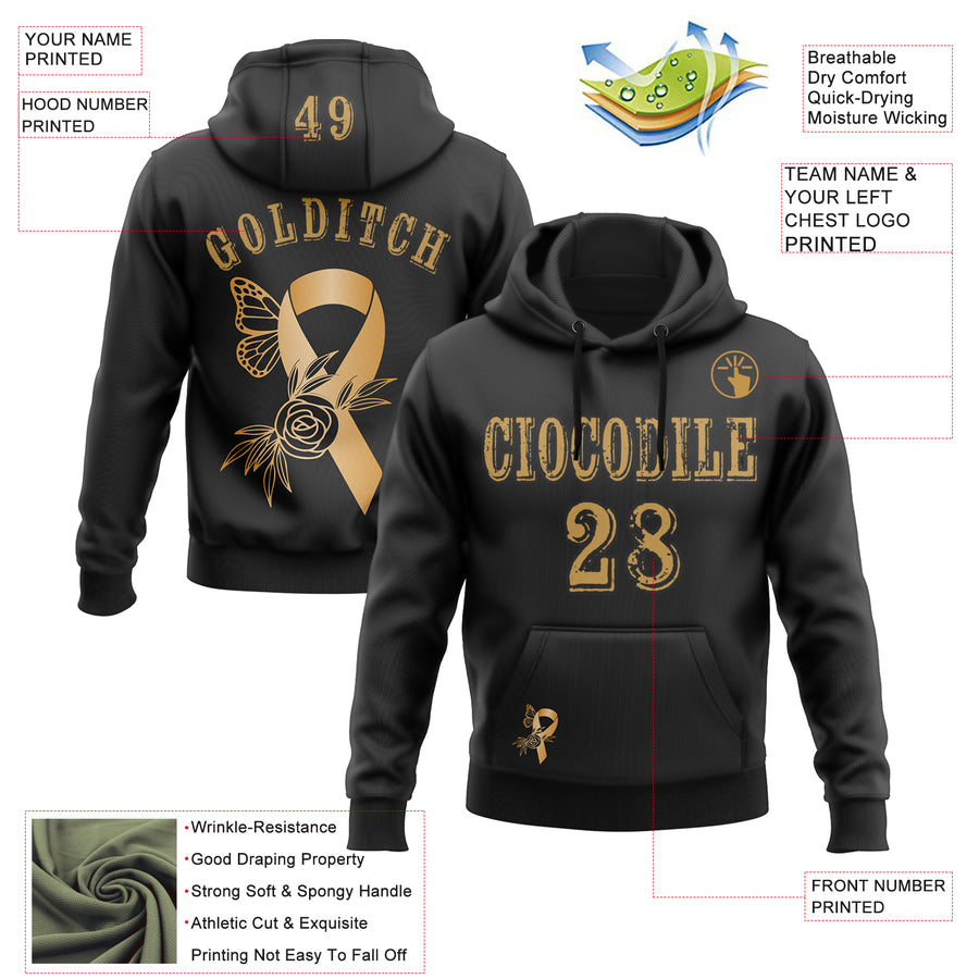 Custom Black Old Gold 3D Childhood Cancer World Cancer Day Ribbon Support Sports Pullover Sweatshirt Hoodie