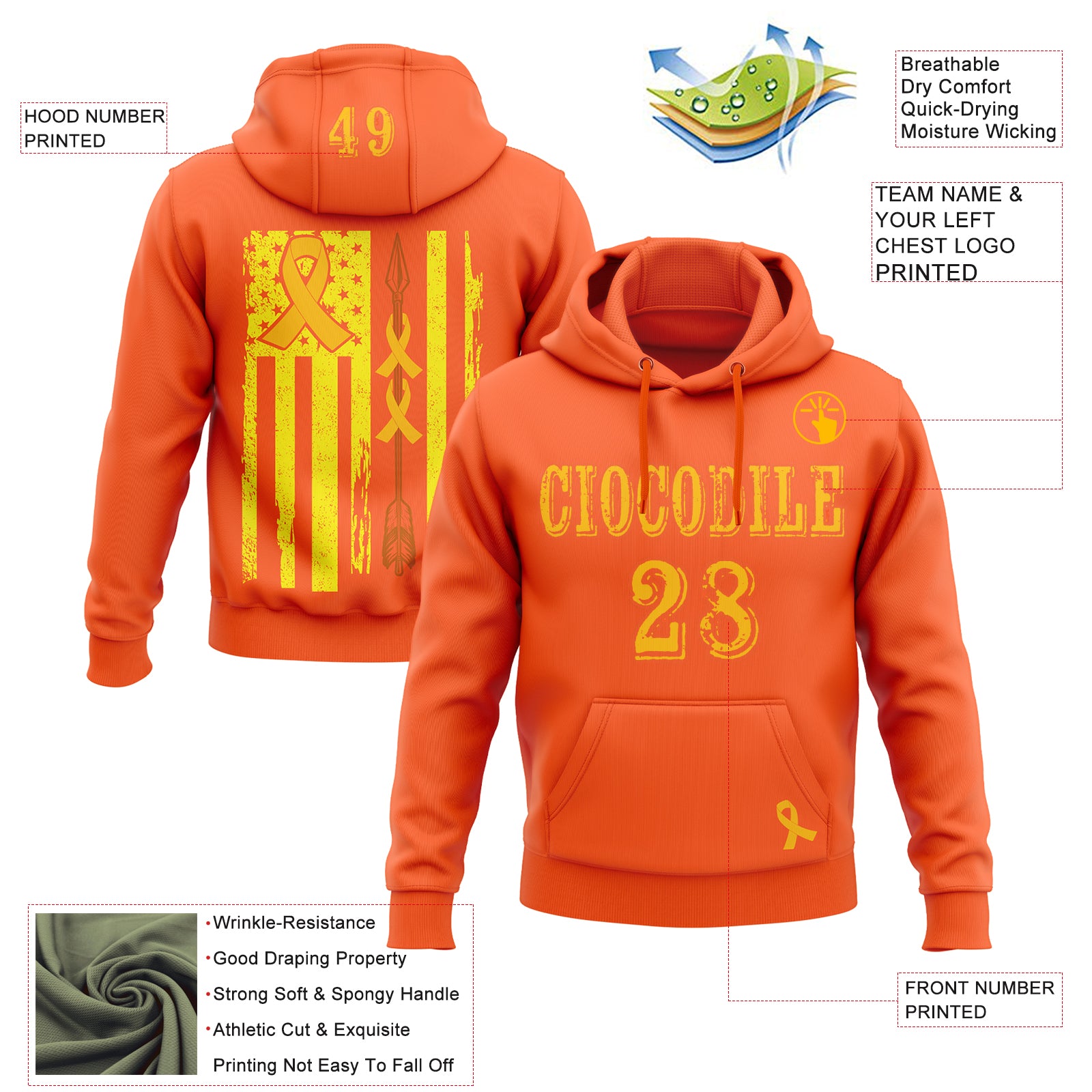 Custom Orange Gold 3D Bone Cancer World Cancer Day Ribbon Support Sports Pullover Sweatshirt Hoodie