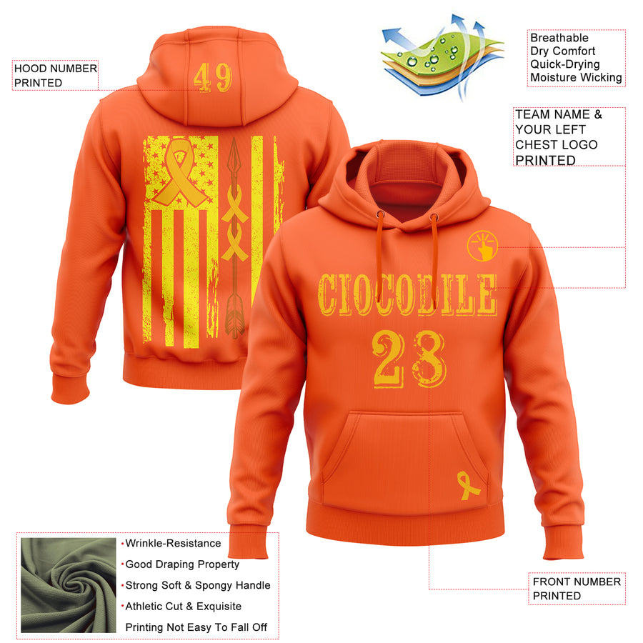 Custom Orange Gold 3D Bone Cancer World Cancer Day Ribbon Support Sports Pullover Sweatshirt Hoodie