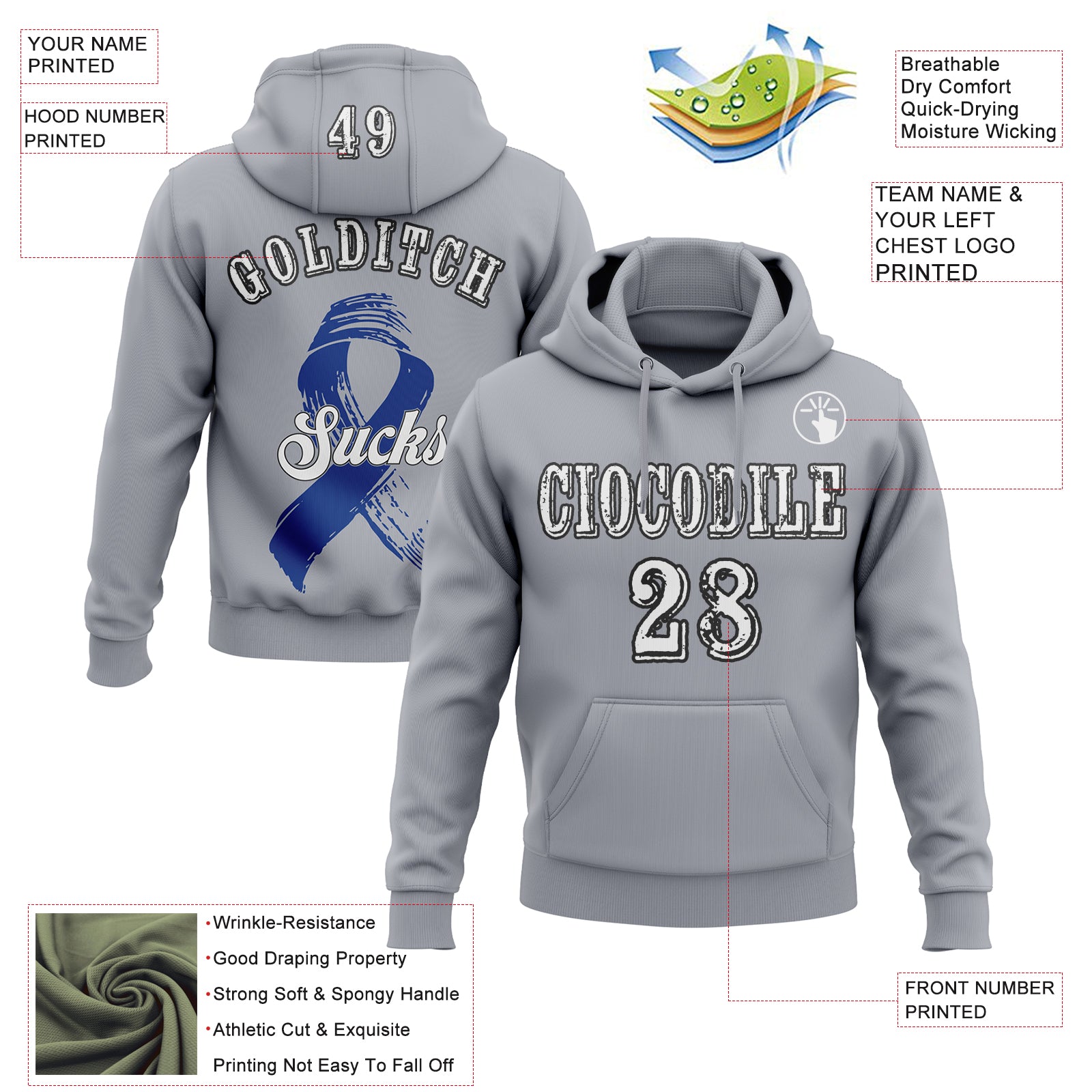 Custom Gray White-Black 3D Colorectal Cancer World Cancer Day Ribbon Support Sports Pullover Sweatshirt Hoodie