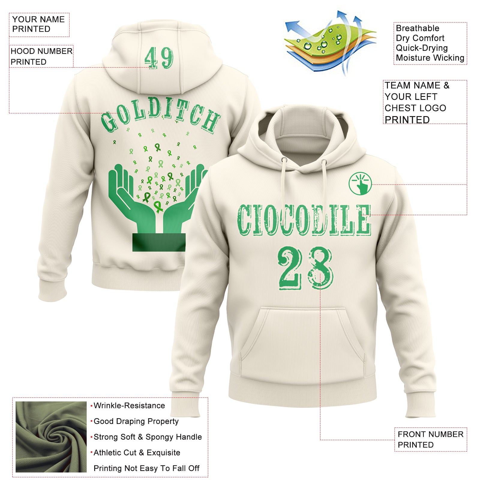 Custom Cream Green 3D Gallbladder And Bile Duct Cancer World Cancer Day Ribbon Support Sports Pullover Sweatshirt Hoodie