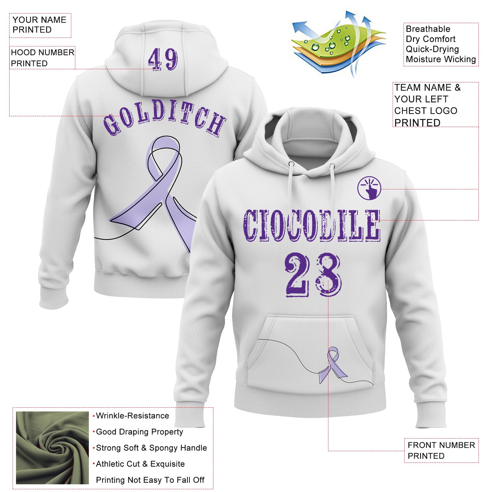 Custom White Purple 3D Gastric Cancer World Cancer Day Ribbon Support Sports Pullover Sweatshirt Hoodie