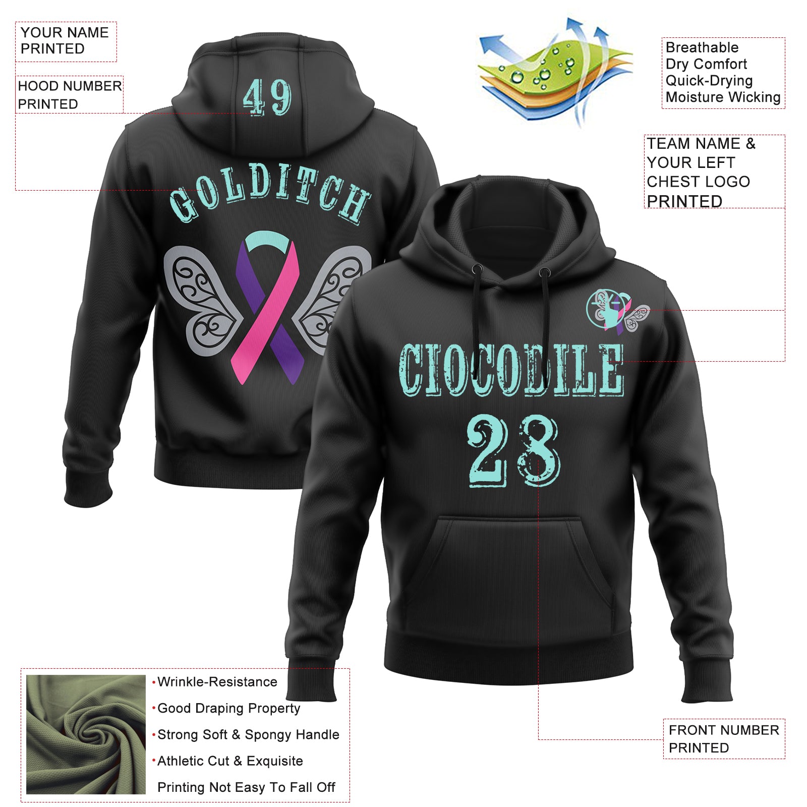 Custom Black Ice Blue 3D Thyroid Cancer World Cancer Day Ribbon Support Sports Pullover Sweatshirt Hoodie