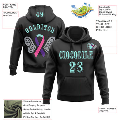 Custom Black Ice Blue 3D Thyroid Cancer World Cancer Day Ribbon Support Sports Pullover Sweatshirt Hoodie