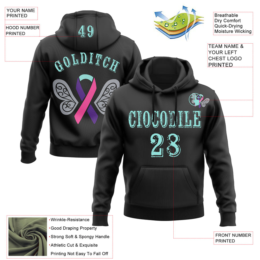 Custom Black Ice Blue 3D Thyroid Cancer World Cancer Day Ribbon Support Sports Pullover Sweatshirt Hoodie